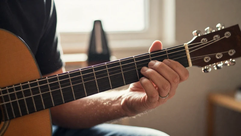 Primer plano de las manos de un músico practicando patrones de dedos en una guitarra acústica.