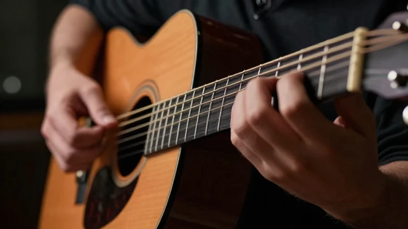 Primer plano de las manos de un guitarrista pulsando las cuerdas sobre el mástil de madera.