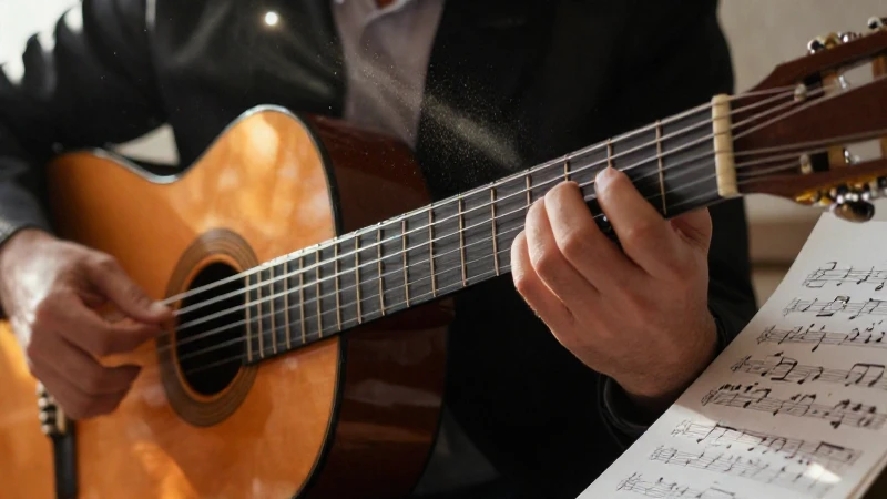 Primer plano de las manos de un músico ejecutando melodías en una guitarra clásica.