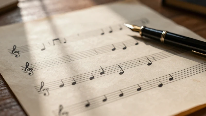 Partitura musical manuscrita sobre un pergamino antiguo junto a una pluma estilográfica en un escritorio de madera.
