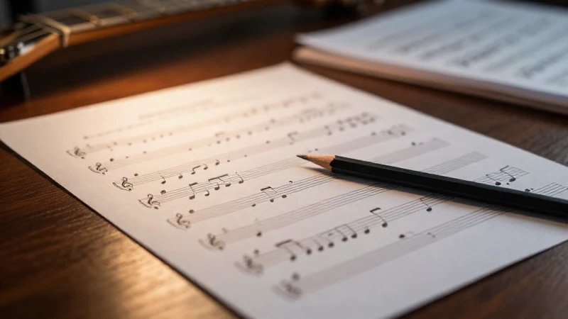 Partitura musical con notas escritas y un lápiz sobre un escritorio de madera.