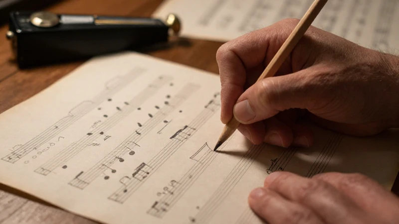 Manos de un músico escribiendo partituras con lápiz sobre un pergamino antiguo.