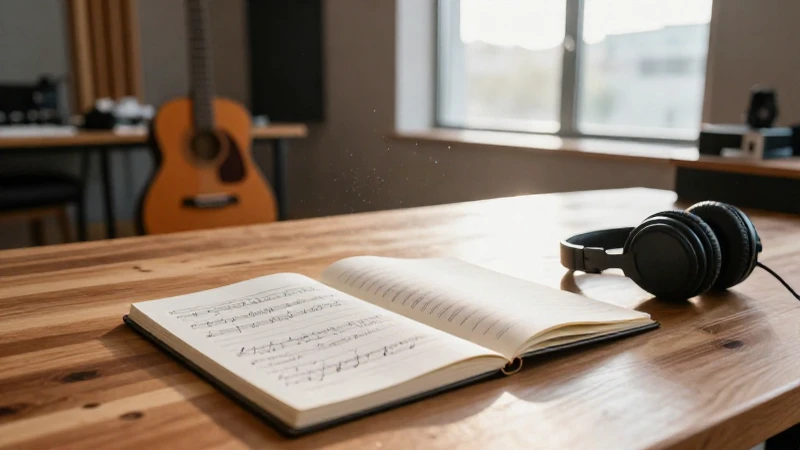 Cuaderno con partituras y planes de lección junto a unos auriculares en un estudio de música iluminado.