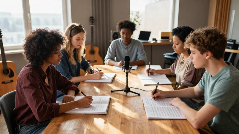 Estudiantes de música trabajando con partituras alrededor de una mesa en un estudio luminoso.