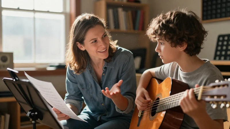 Un profesor sonriente guía a un estudiante con una guitarra acústica en un estudio luminoso.