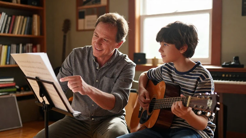Un profesor de música sonríe mientras guía a un niño con su guitarra en un estudio acogedor.