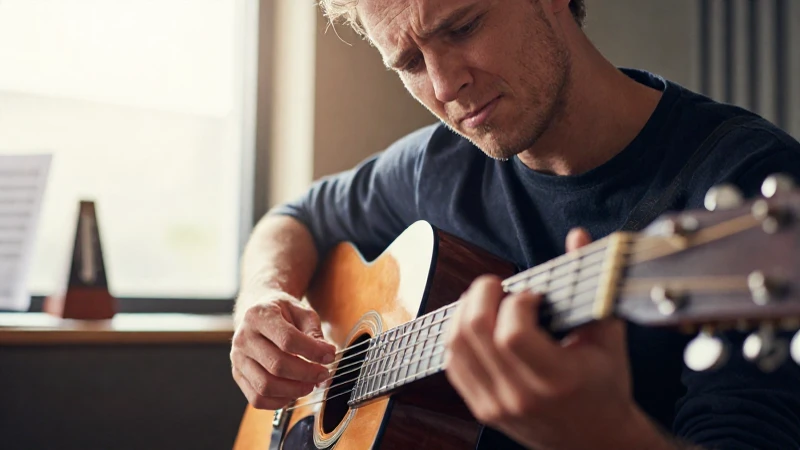 Guitarrista sentado en un estudio iluminado por el sol, pausando su ejecución con expresión de cautela.