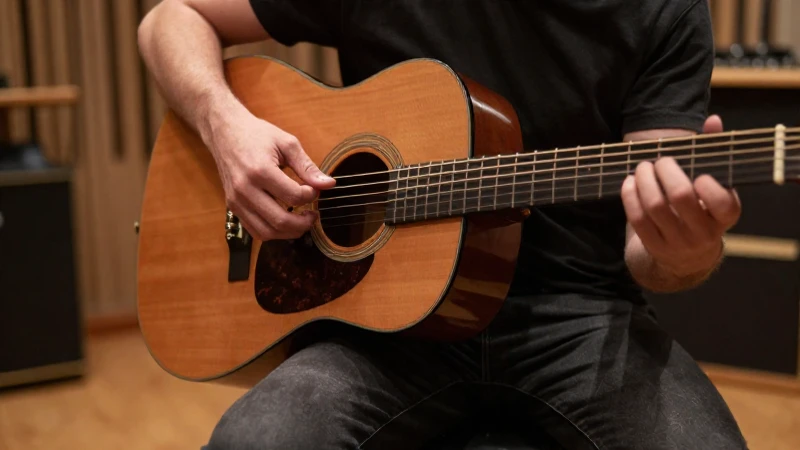 Manos de un músico posicionadas con precisión sobre las cuerdas de una guitarra acústica.