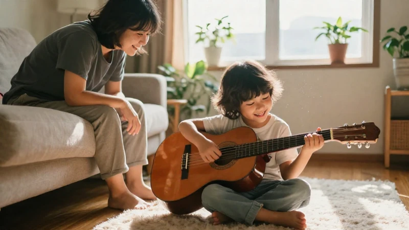 Niño sonriente sentado en una alfombra tocando la guitarra mientras su padre lo observa con ternura.