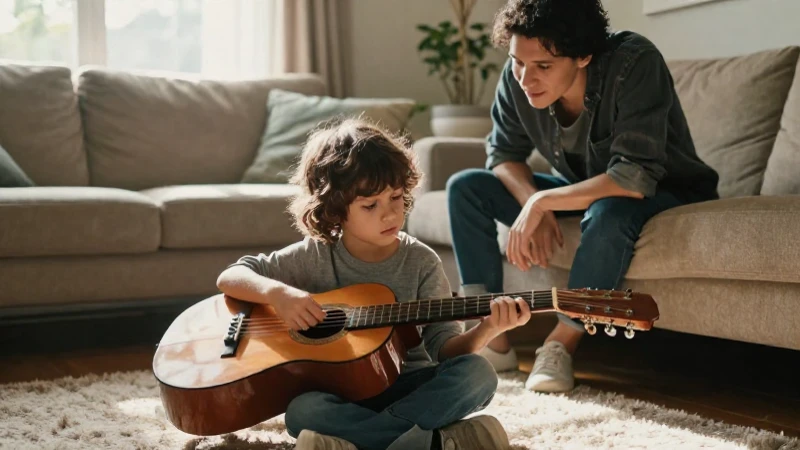 Un niño desanimado mira su guitarra mientras un padre lo observa con apoyo en una sala iluminada.