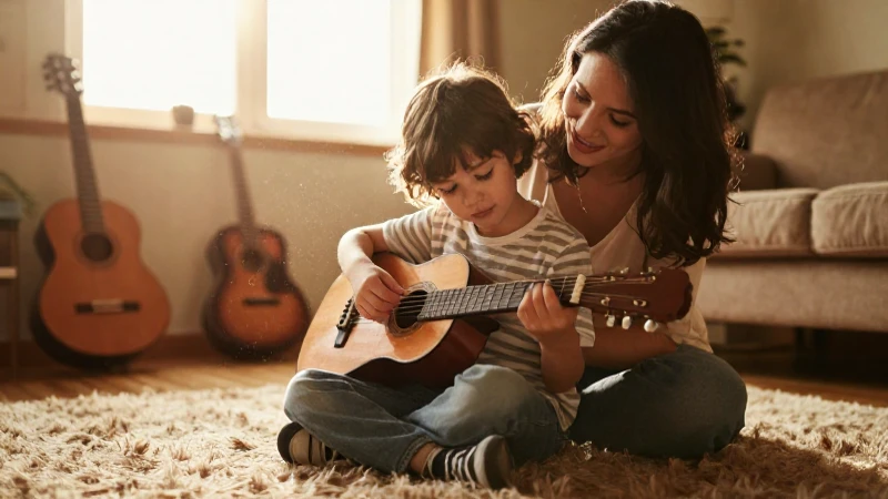 Un padre sonríe con ternura mientras acompaña a su hijo que toca una pequeña guitarra.