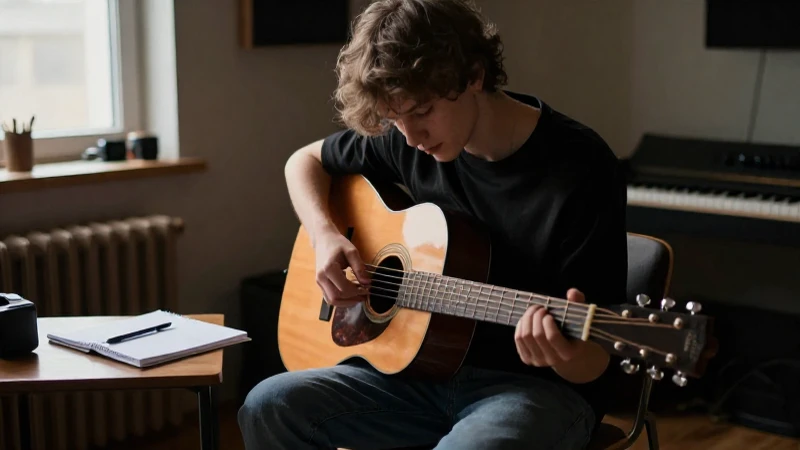 Joven guitarrista sentado en un estudio acogedor con su guitarra acústica y un cuaderno.