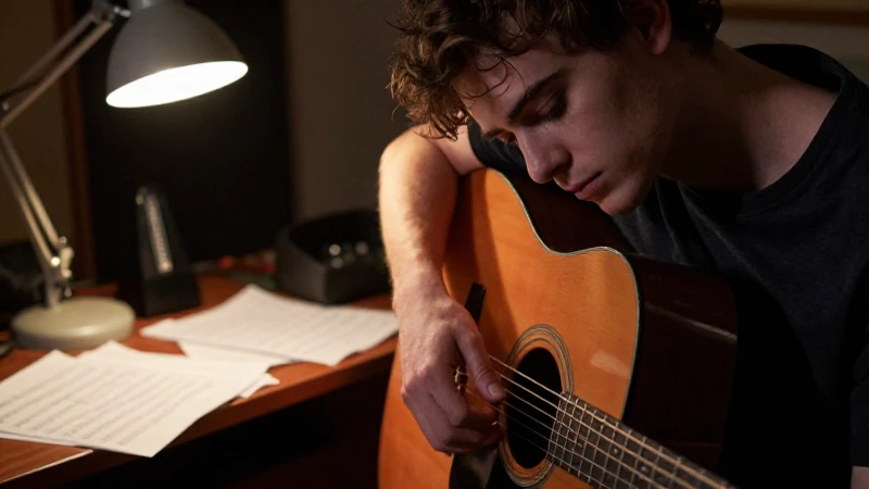 Joven guitarrista con expresión contemplativa descansando sus manos sobre una guitarra acústica en un estudio tenue.