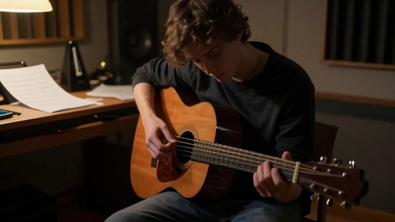 Joven guitarrista en reflexión con una guitarra acústica en un estudio musical tenue.