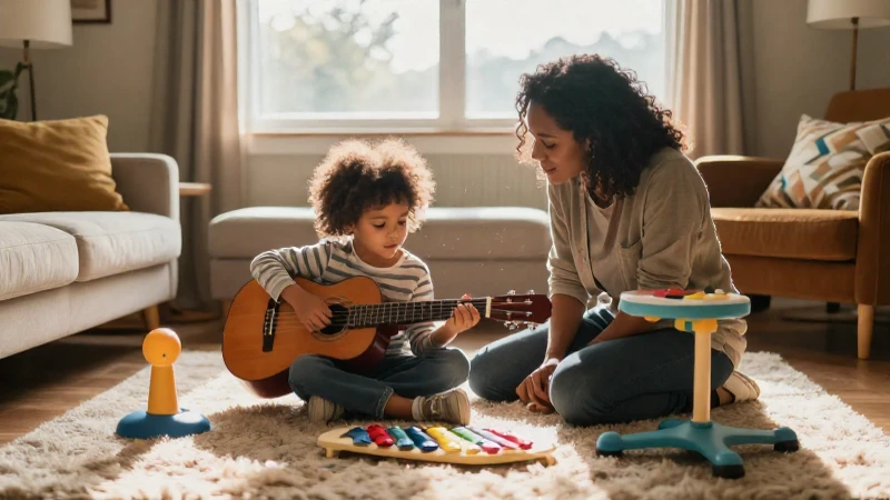 Un adulto acompaña con cariño a un niño pequeño que juega con instrumentos musicales en una sala iluminada.