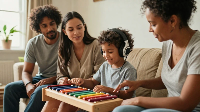Un niño con auriculares sensoriales toca un xilófono mientras sus padres lo acompañan en una sala iluminada.