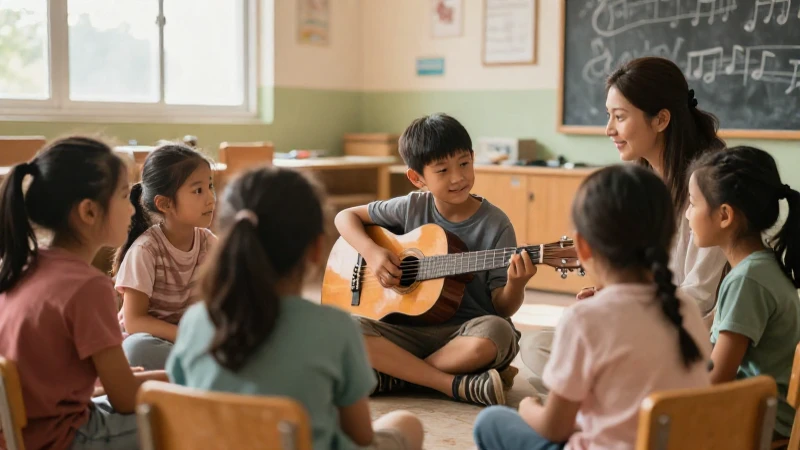Un niño toca la guitarra frente a su maestra y compañeros en un aula iluminada.