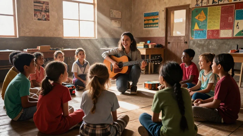Niños sentados en círculo escuchando con atención a un profesor que toca la guitarra en un aula iluminada.