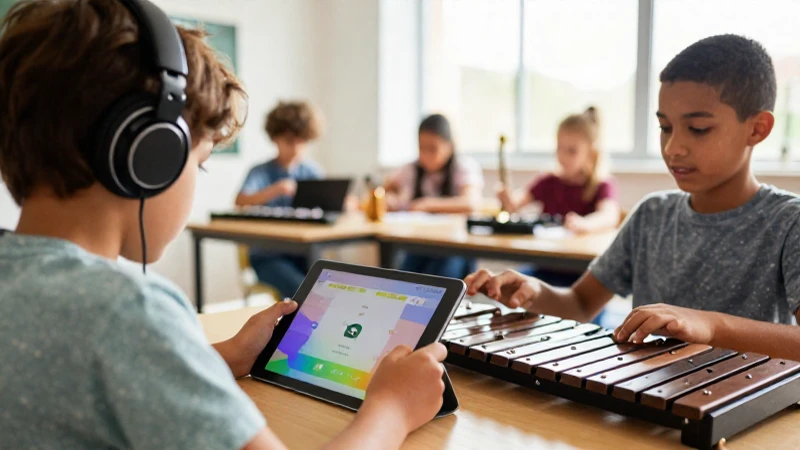 Estudiantes en un aula de música moderna usan una tableta y un xilófono en un ambiente luminoso.