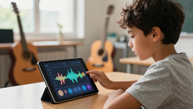 Estudiante concentrado interactuando con una aplicación musical colorida en una tableta dentro de un aula luminosa.
