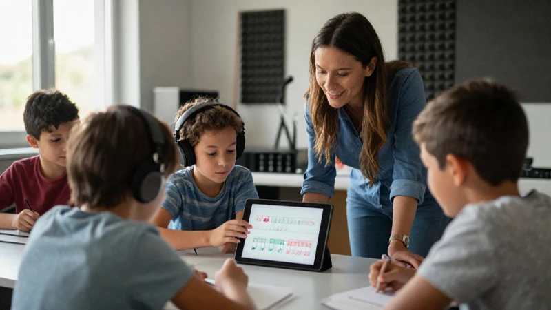 Estudiante con auriculares utiliza una tableta con notas musicales en un aula de música moderna.