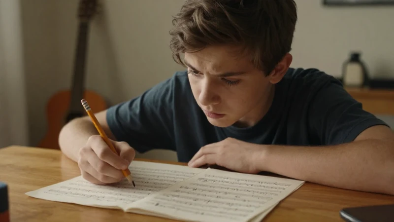 Estudiante frustrado frente a un manuscrito musical complejo en un escritorio de madera.