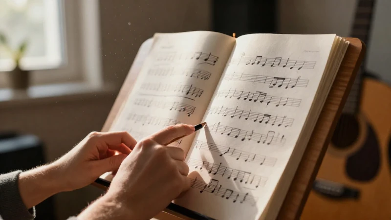 Unas manos señalan notas musicales en una partitura sobre un atril de madera bajo la luz del sol.