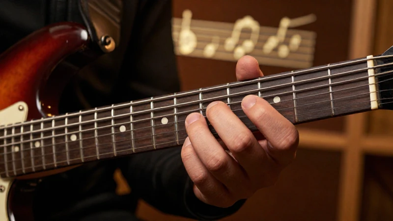 Primer plano de los dedos de un músico presionando cuerdas sobre el mástil de una guitarra eléctrica.