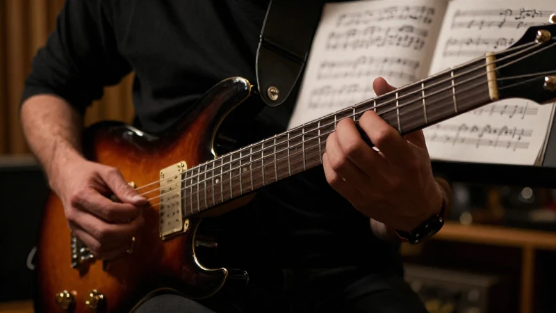 Primer plano de las manos de un guitarrista tocando un acorde sobre una guitarra eléctrica.