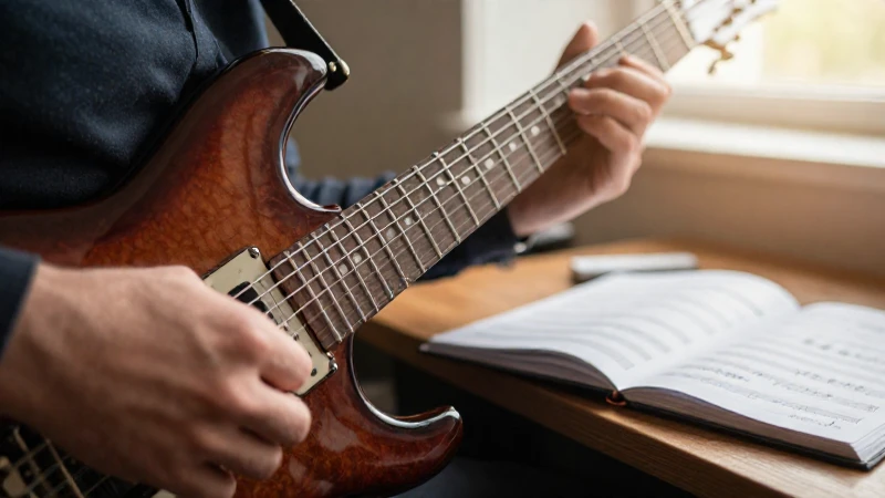 Primer plano de las manos de un músico tocando acordes en una guitarra eléctrica sobre una mesa con partituras.