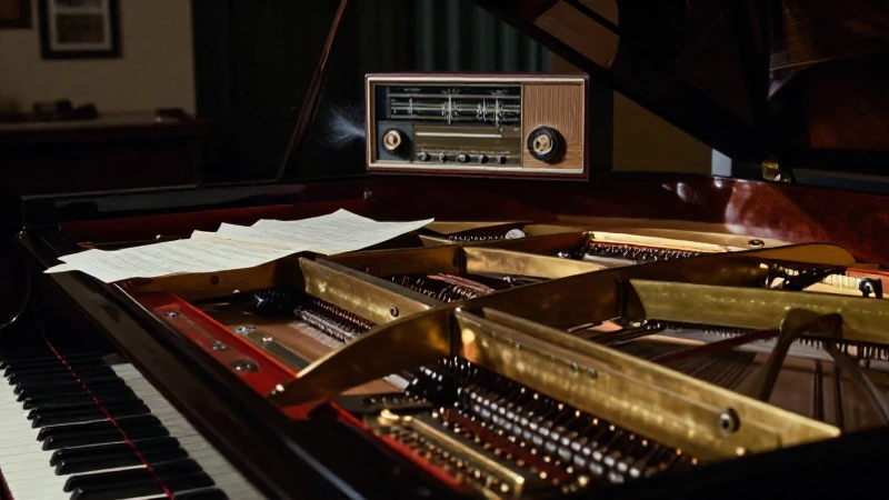 Piano de cola deconstruido con mecanismos de latón y partituras sobre una mesa de madera.