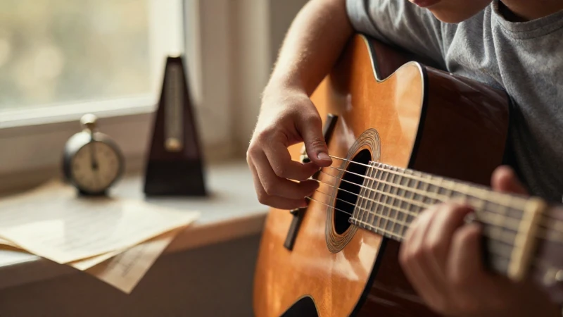 Manos de un estudiante tocando una guitarra acústica de madera bajo la luz del atardecer.