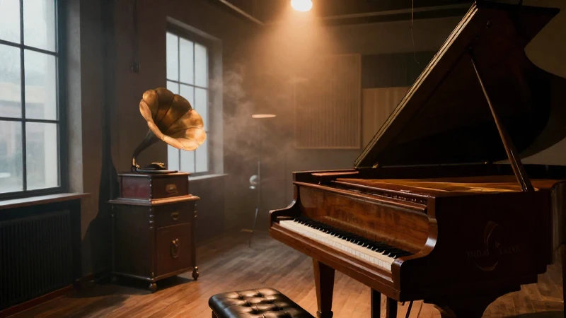 Piano de cola sobre madera frente a un gramófono en un club de jazz con luz tenue.