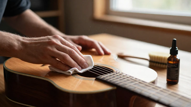 Manos limpiando con un paño de microfibra la madera de una guitarra acústica bajo la luz del sol.