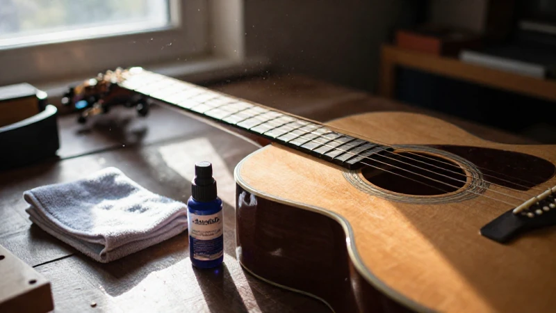 Guitarra acústica profesional sobre un banco de madera junto a un paño y abrillantador.