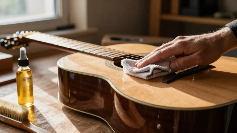 Un paño de microfibra limpia la tapa de una guitarra acústica sobre un banco de madera.