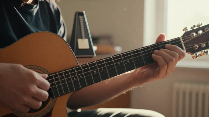 Manos de un guitarrista practicando sobre el mástil de una guitarra acústica con un metrónomo al fondo.