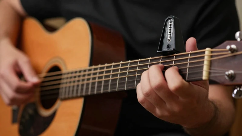 Manos de un guitarrista practicando sobre el mástil de una guitarra acústica con un metrónomo al fondo.
