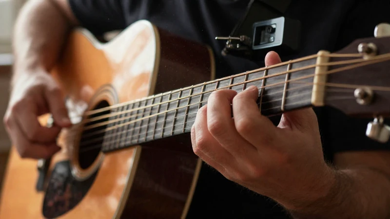 Manos de un músico presionando las cuerdas de una guitarra acústica con un metrónomo al fondo.