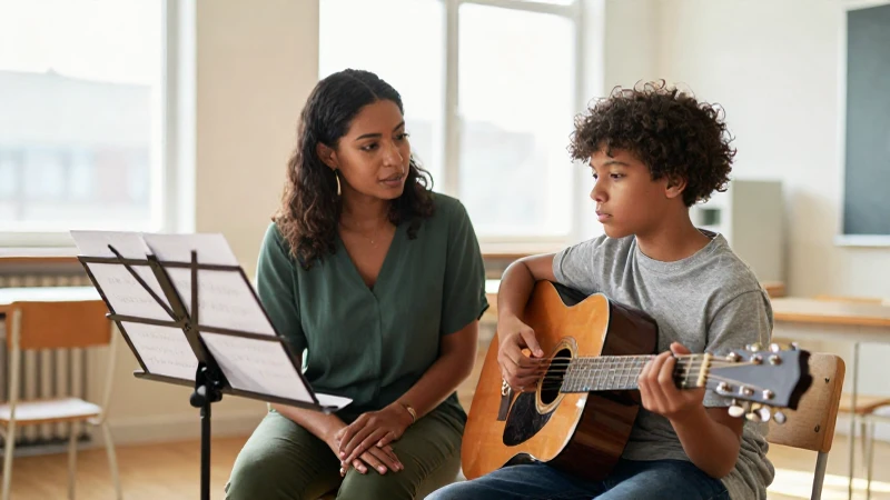 Un profesor de música acompaña a un estudiante concentrado con su guitarra en un aula luminosa.
