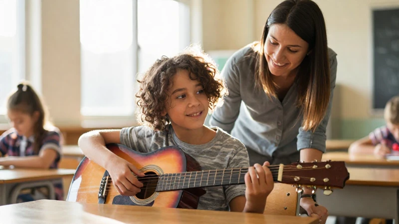 Estudiante sonriente tocando una guitarra acústica en un aula iluminada por el sol junto a su profesor.