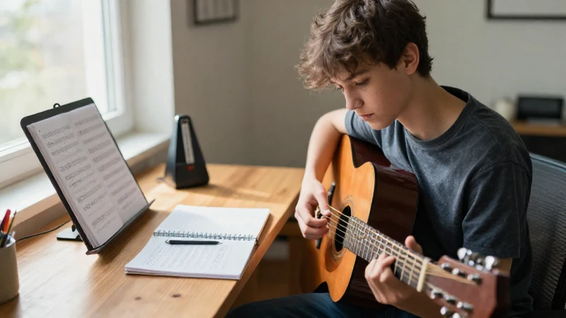 Estudiante concentrado practicando la guitarra acústica en un estudio luminoso con partituras y notas de práctica.