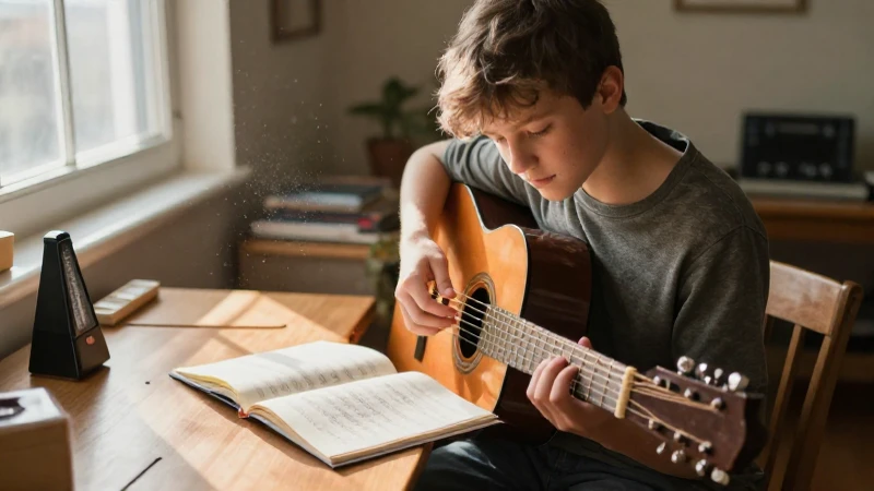 Estudiante concentrada con una guitarra acústica frente a un cuaderno de partituras en un estudio iluminado.