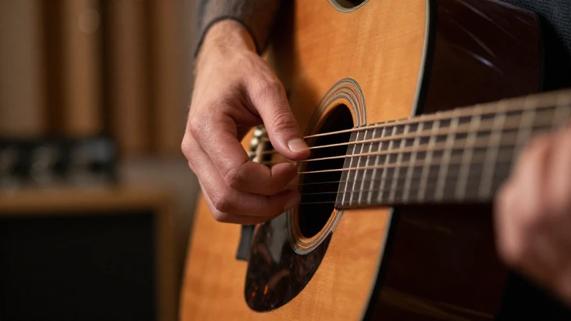 Primer plano de la mano derecha de un guitarrista tocando las cuerdas de una guitarra acústica.