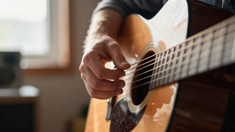 Primer plano de la mano derecha de un guitarrista tocando cuerdas de madera bajo luz natural.