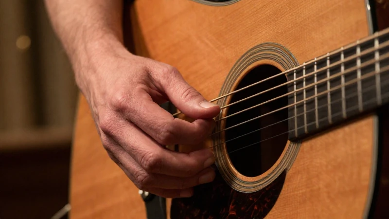 Primer plano de la mano derecha de un guitarrista ejecutando una técnica de fingerstyle sobre cuerdas de madera de caoba.