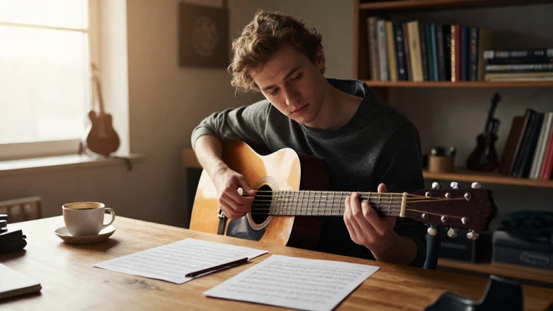 Músico joven sentado frente a una guitarra con partituras sobre un escritorio soleado.