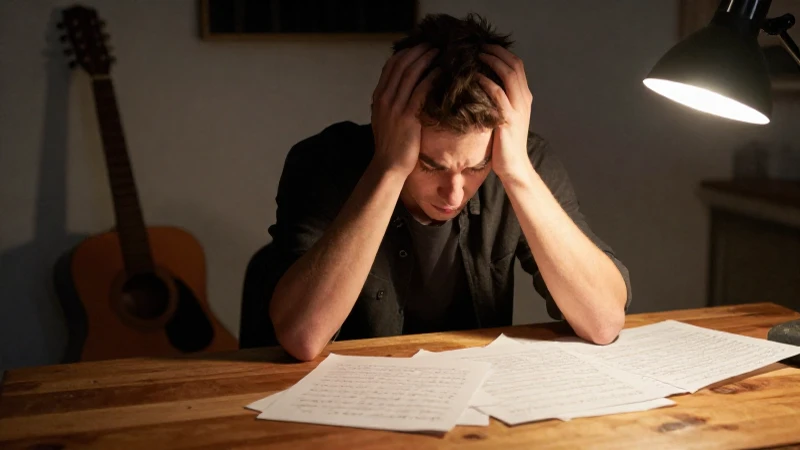 Joven compositor frustrado frente a partituras desordenadas en un estudio musical tenuemente iluminado.