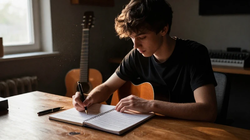 Músico pensativo frente a un cuaderno de partituras en un estudio acogedor con luz dorada.