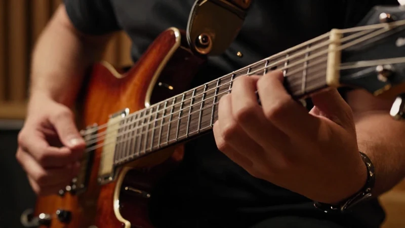 Primer plano de las manos de un guitarrista ejecutando notas sobre el mástil de una guitarra eléctrica.